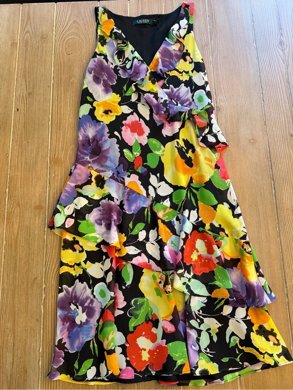 Ralph Lauren Black Floral Ruffle Midi Dress